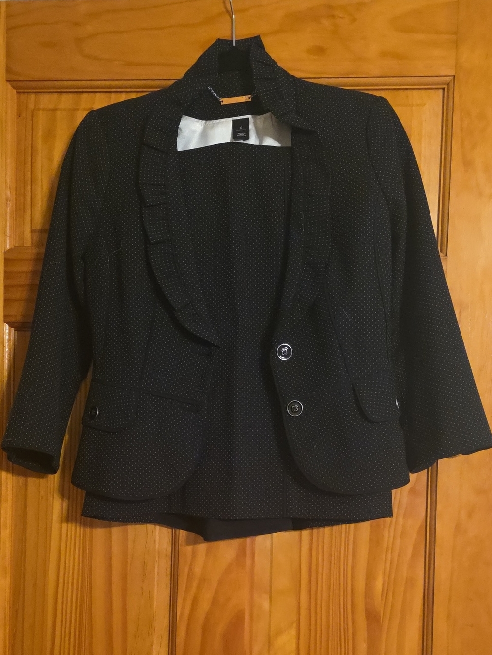 White House Black Market Black Polka Dot Ruffle Lapel Blazer And Skirt.